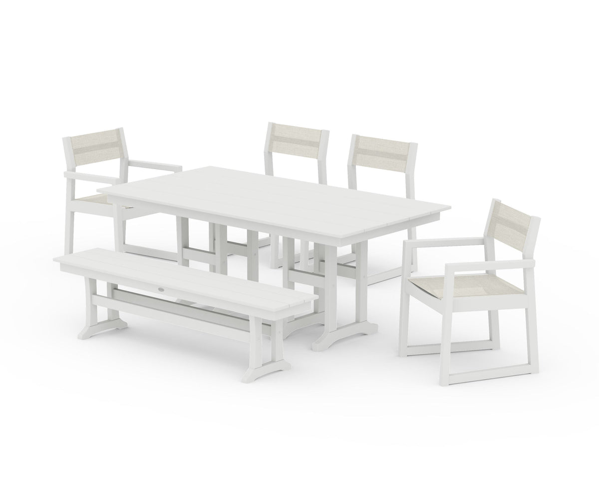 POLYWOOD EDGE Sling 6-Piece Farmhouse Dining Set in Vintage White / Parchment