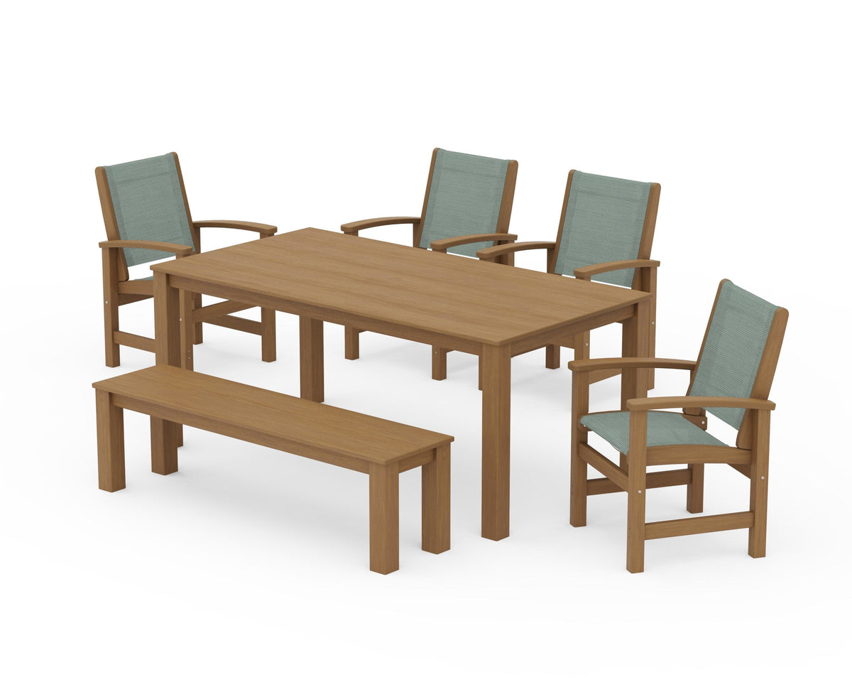 POLYWOOD Coastal 6-Piece Parsons Dining Set with Bench in Natural / Dupioni Sea Mist