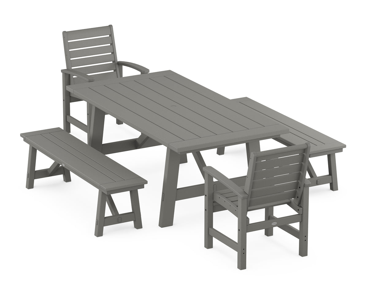 POLYWOOD Signature 5-Piece Rustic Farmhouse Dining Set with Benches in Slate Grey
