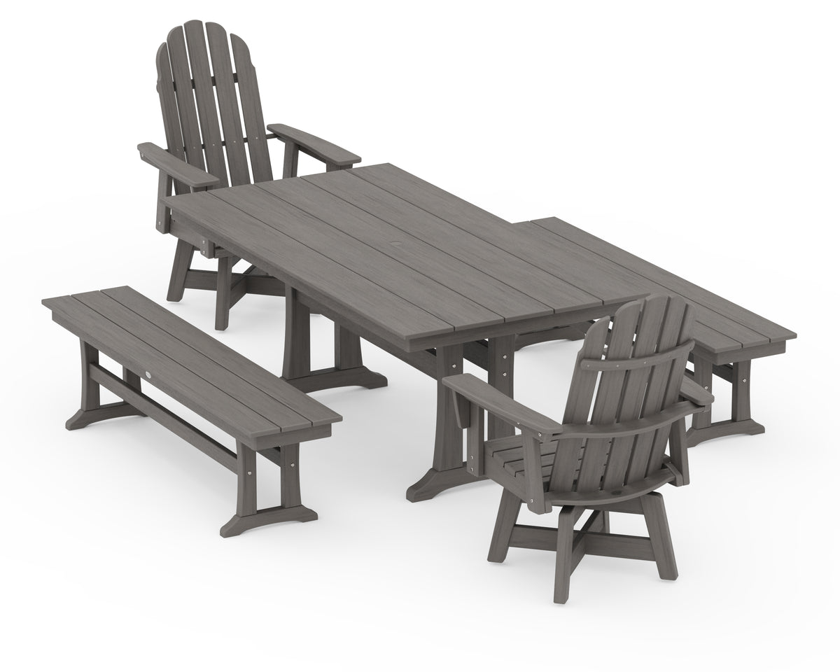 POLYWOOD Vineyard Curveback Adirondack Swivel Chair 5-Piece Farmhouse Dining Set with Trestle Legs and Benches in Driftwood