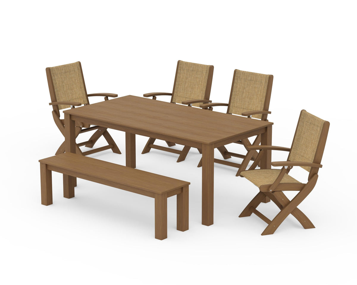 POLYWOOD Coastal Folding Chair 6-Piece Parsons Dining Set with Bench in Natural / Burlap