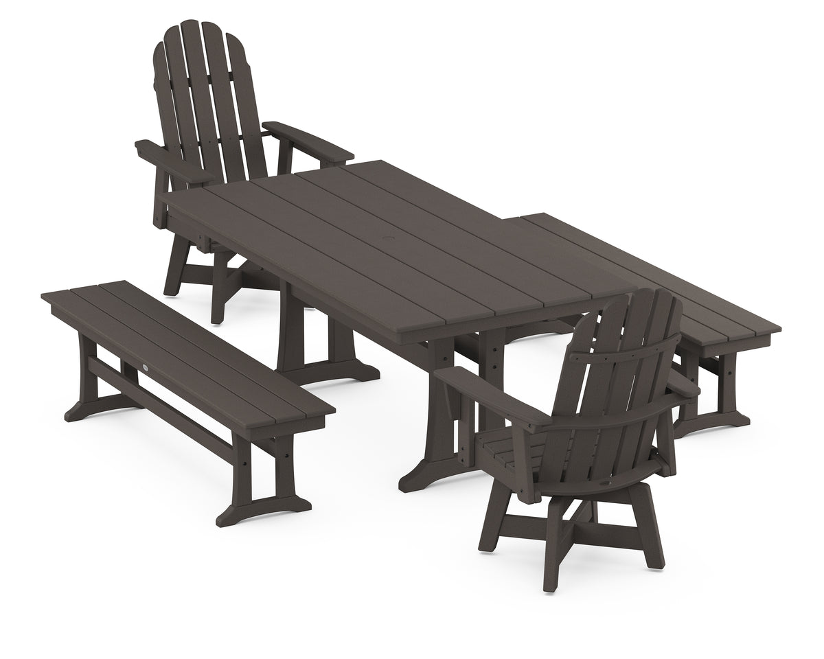 POLYWOOD Vineyard Curveback Adirondack Swivel Chair 5-Piece Farmhouse Dining Set with Trestle Legs and Benches in Vintage Coffee
