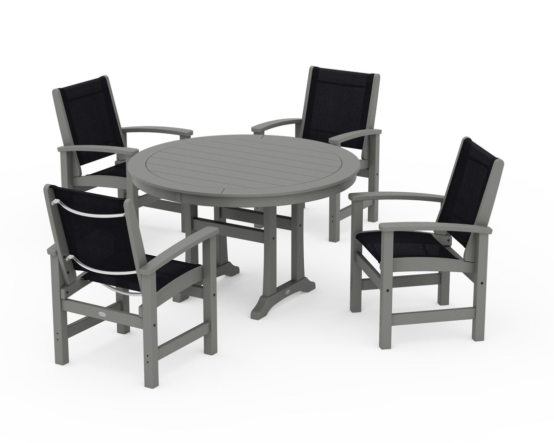 POLYWOOD Coastal 5-Piece Round Dining Set with Trestle Legs in Slate Grey / Black