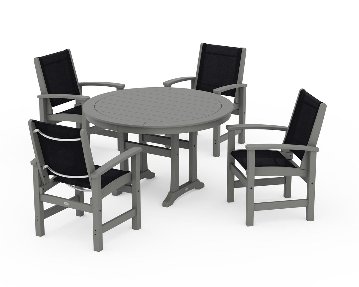 POLYWOOD Coastal 5-Piece Round Dining Set with Trestle Legs in Slate Grey / Black