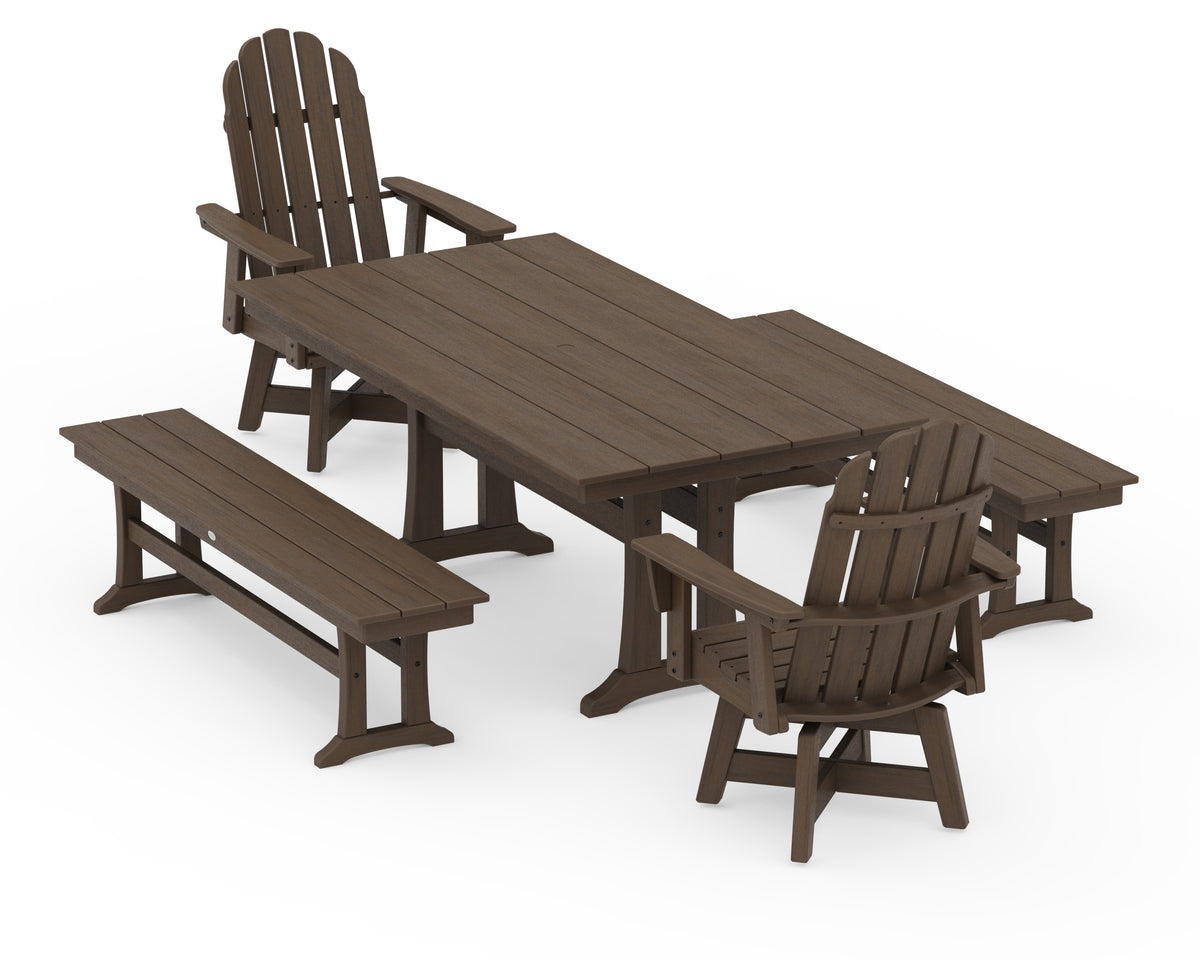 POLYWOOD Vineyard Curveback Adirondack Swivel Chair 5-Piece Farmhouse Dining Set with Trestle Legs and Benches in Kona