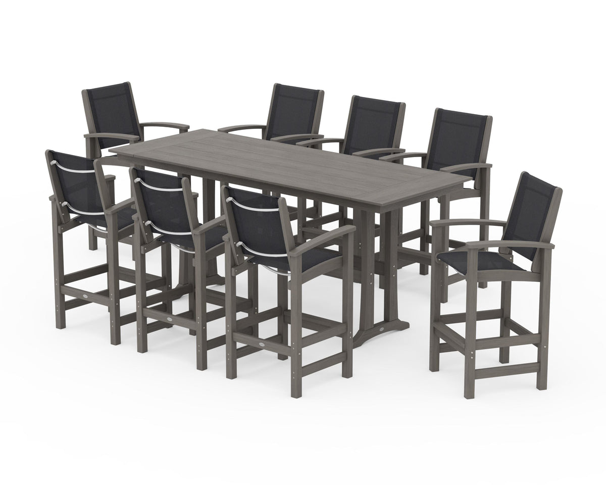 POLYWOOD Coastal 9-Piece Farmhouse Bar Set with Trestle Legs in Driftwood / Black