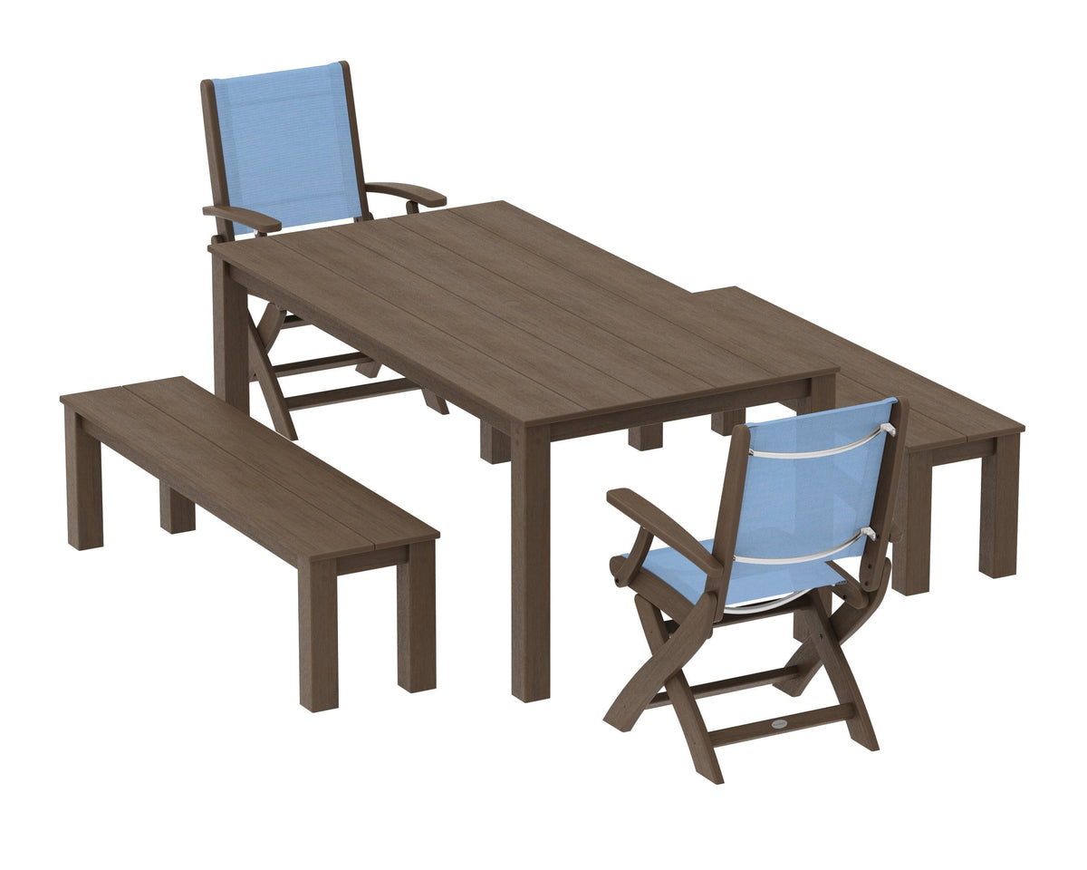 POLYWOOD Coastal Folding Chair 5-Piece Parsons Dining Set with Benches in Kona / Poolside