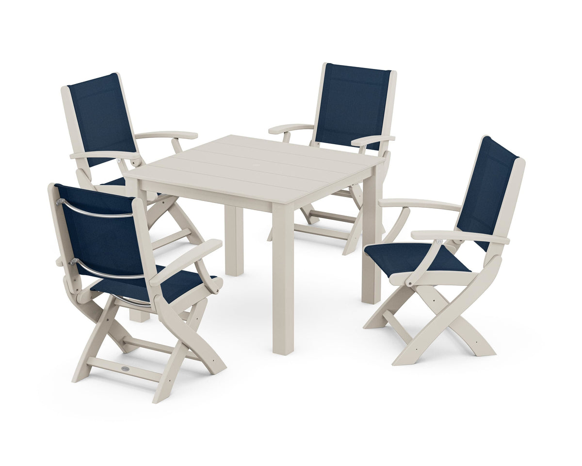 POLYWOOD Coastal Folding Chair 5-Piece Parsons Dining Set in Sand / Navy Blue