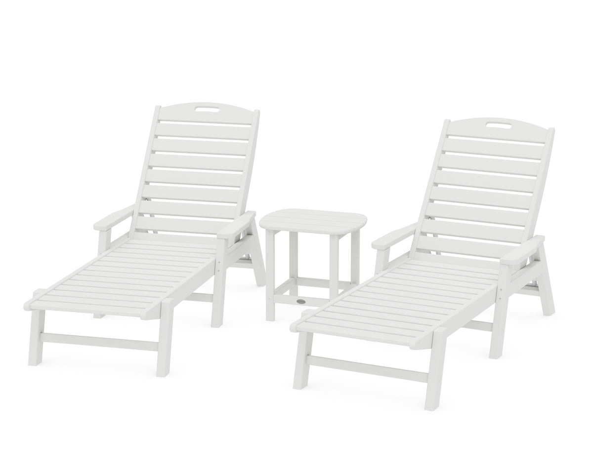 POLYWOOD Nautical 3-Piece Chaise Set with South Beach 18" Side Table in Vintage White