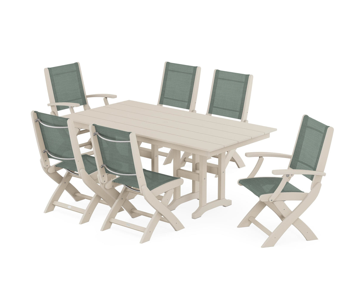 POLYWOOD Coastal Folding Chair 7-Piece Farmhouse Dining Set in Sand / Dupioni Sea Mist