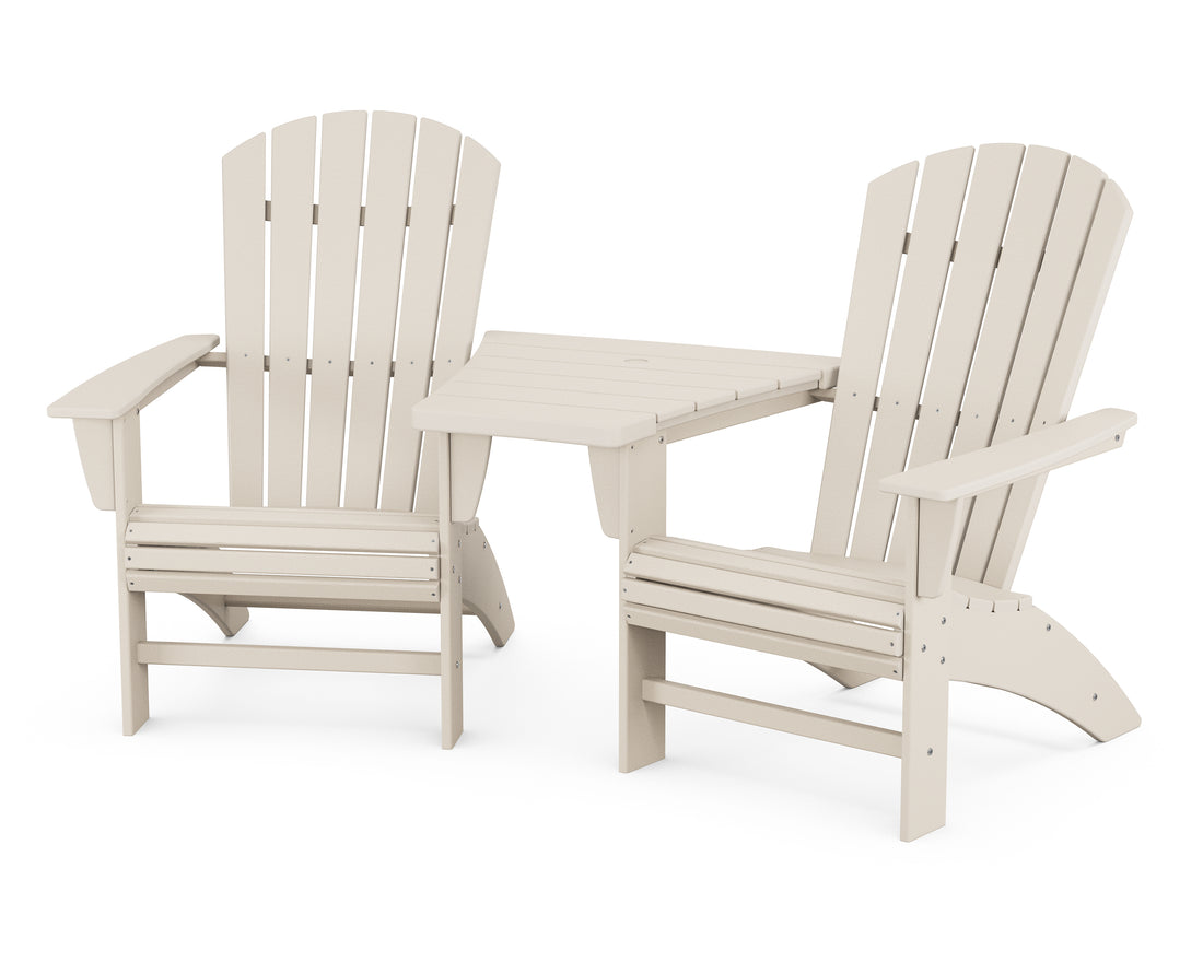 POLYWOOD Nautical 3-Piece Curveback Adirondack Set With Angled Connecting Table in Sand