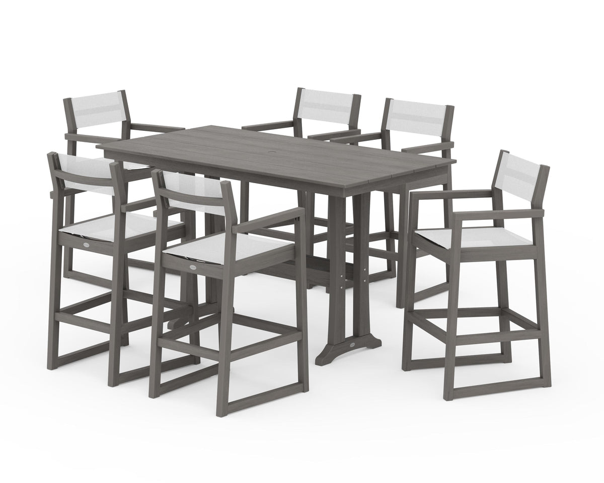 POLYWOOD EDGE Sling Arm Chair 7-Piece Farmhouse Bar Set with Trestle Legs in Driftwood / White