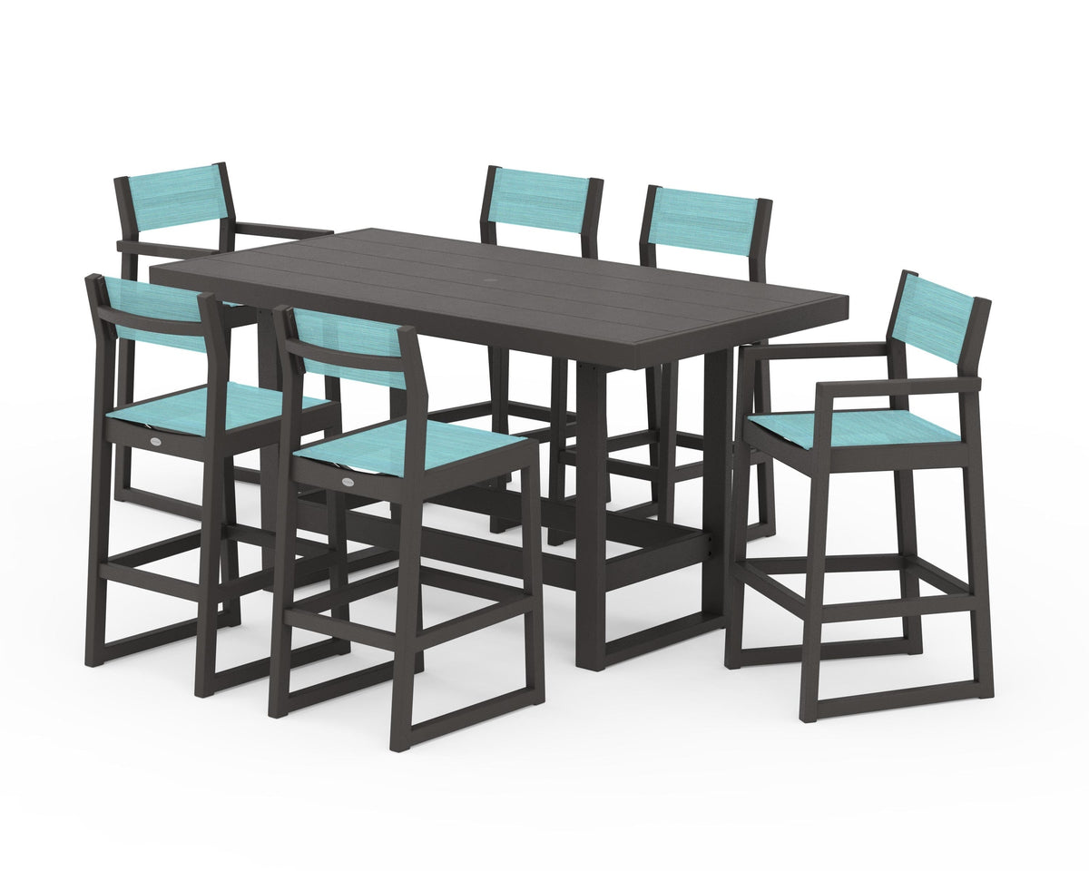 POLYWOOD EDGE Sling 7-Piece Bar Table Set in Vintage Coffee / Dupioni Aquamarine