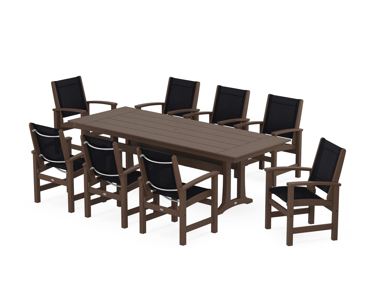 POLYWOOD Coastal 9-Piece Farmhouse Dining Set with Trestle Legs in Mahogany / Black