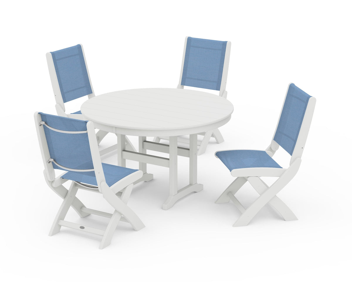 POLYWOOD Coastal Folding Side Chair 5-Piece Round Dining Set in Vintage White / Poolside