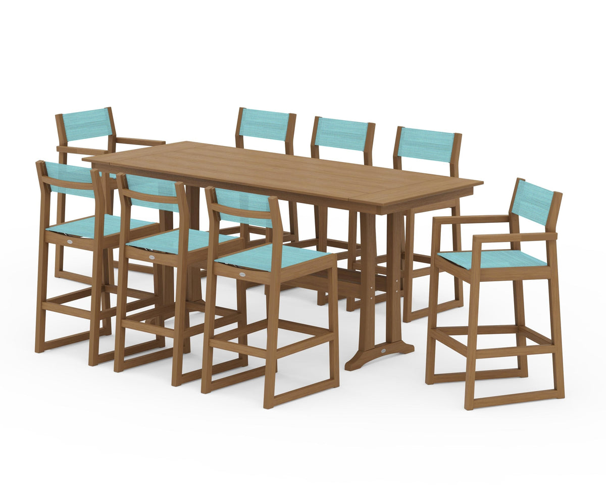 POLYWOOD EDGE Sling 9-Piece Farmhouse Bar Set with Trestle Legs in Natural / Dupioni Aquamarine