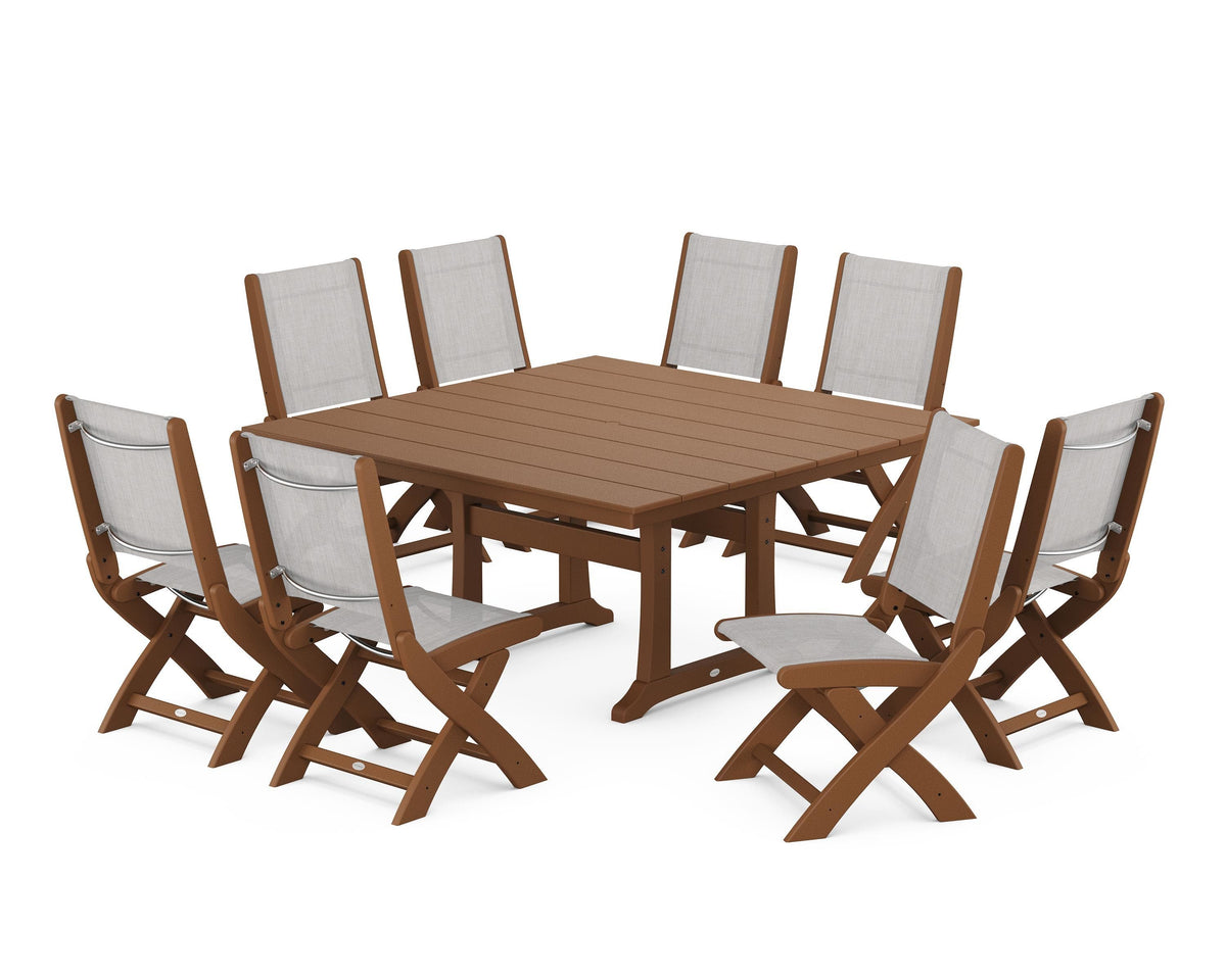 POLYWOOD Coastal Folding Side Chair 9-Piece Farmhouse Dining Set in Teak / Parchment