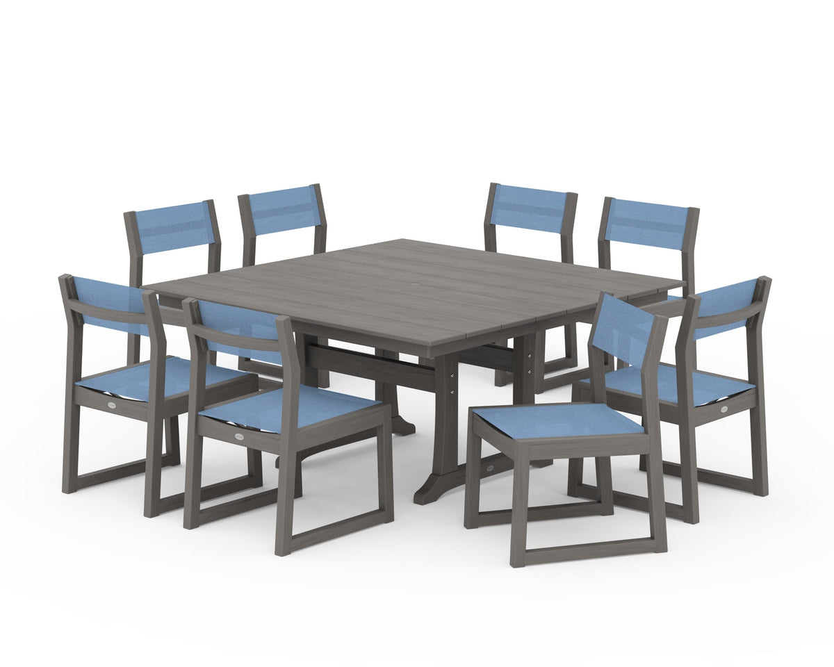 POLYWOOD EDGE Sling Side Chair 9-Piece Farmhouse Trestle Dining Set in Driftwood / Poolside