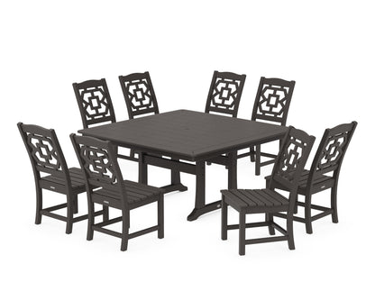 POLYWOOD Chinoiserie 9-Piece Square Side Chair Dining Set with Trestle Legs in Vintage Coffee
