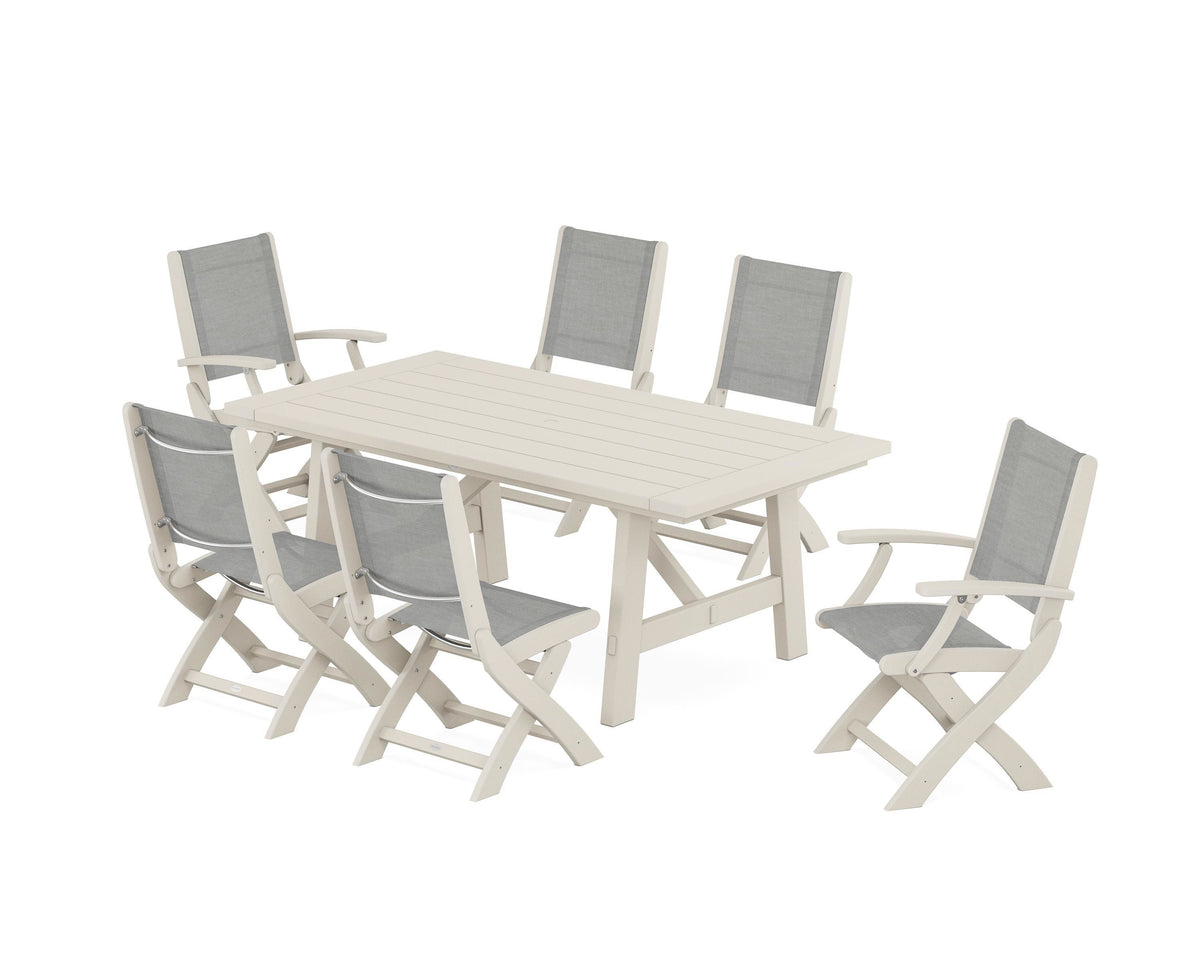 POLYWOOD Coastal Folding Chair 7-Piece Rustic Farmhouse Dining Set in Sand / Metallic