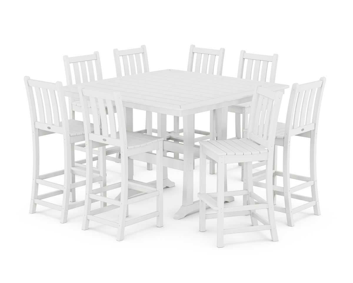 POLYWOOD Traditional Garden 9-Piece Nautical Trestle Bar Set in White