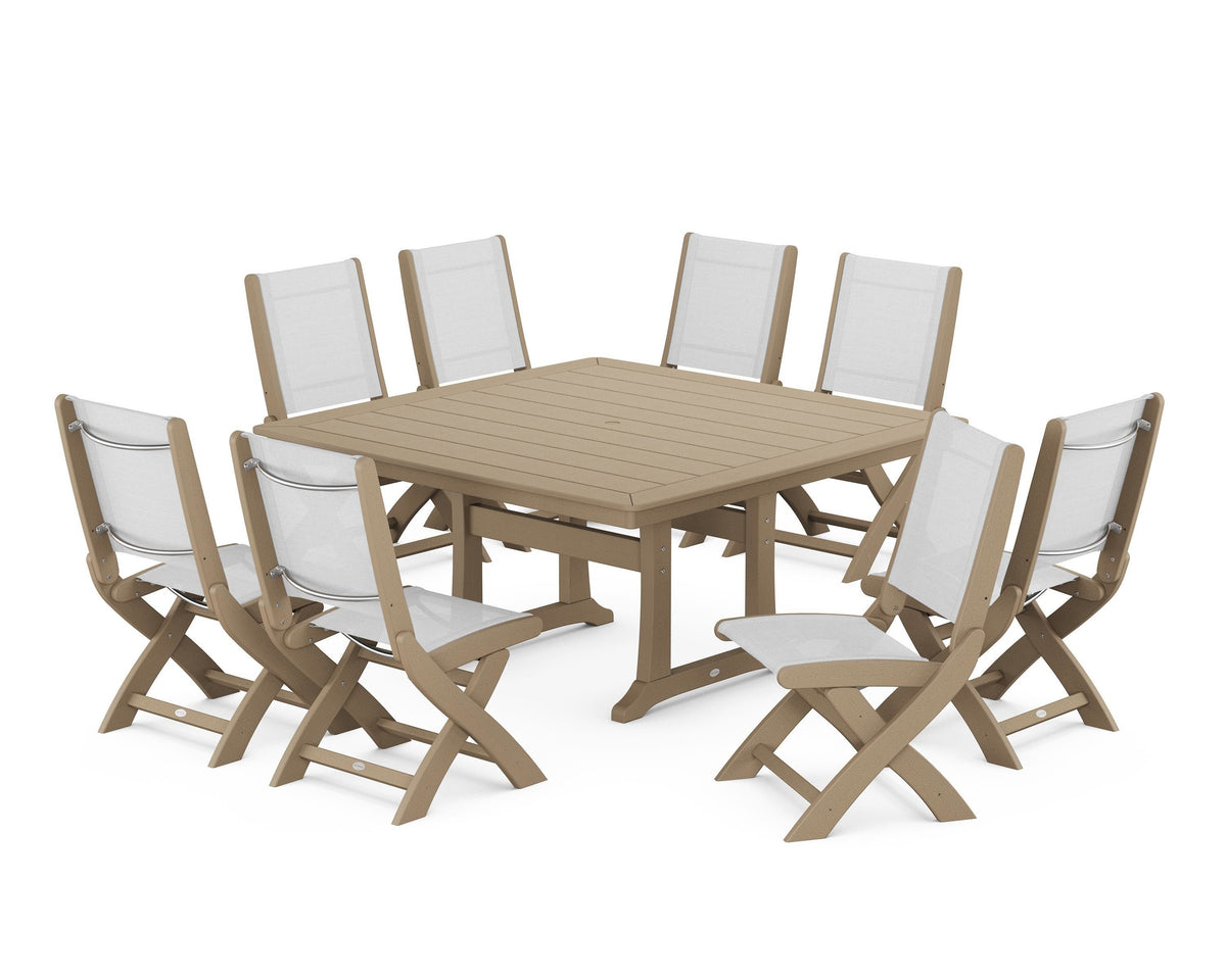 POLYWOOD Coastal Folding Side Chair 9-Piece Dining Set with Trestle Legs in Vintage Sahara / White