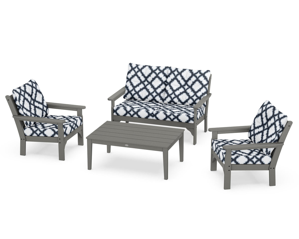 POLYWOOD Vineyard 4-Piece Deep Seating Set with Two Chairs and Loveseat in Slate Grey / Trellis Marine Indigo