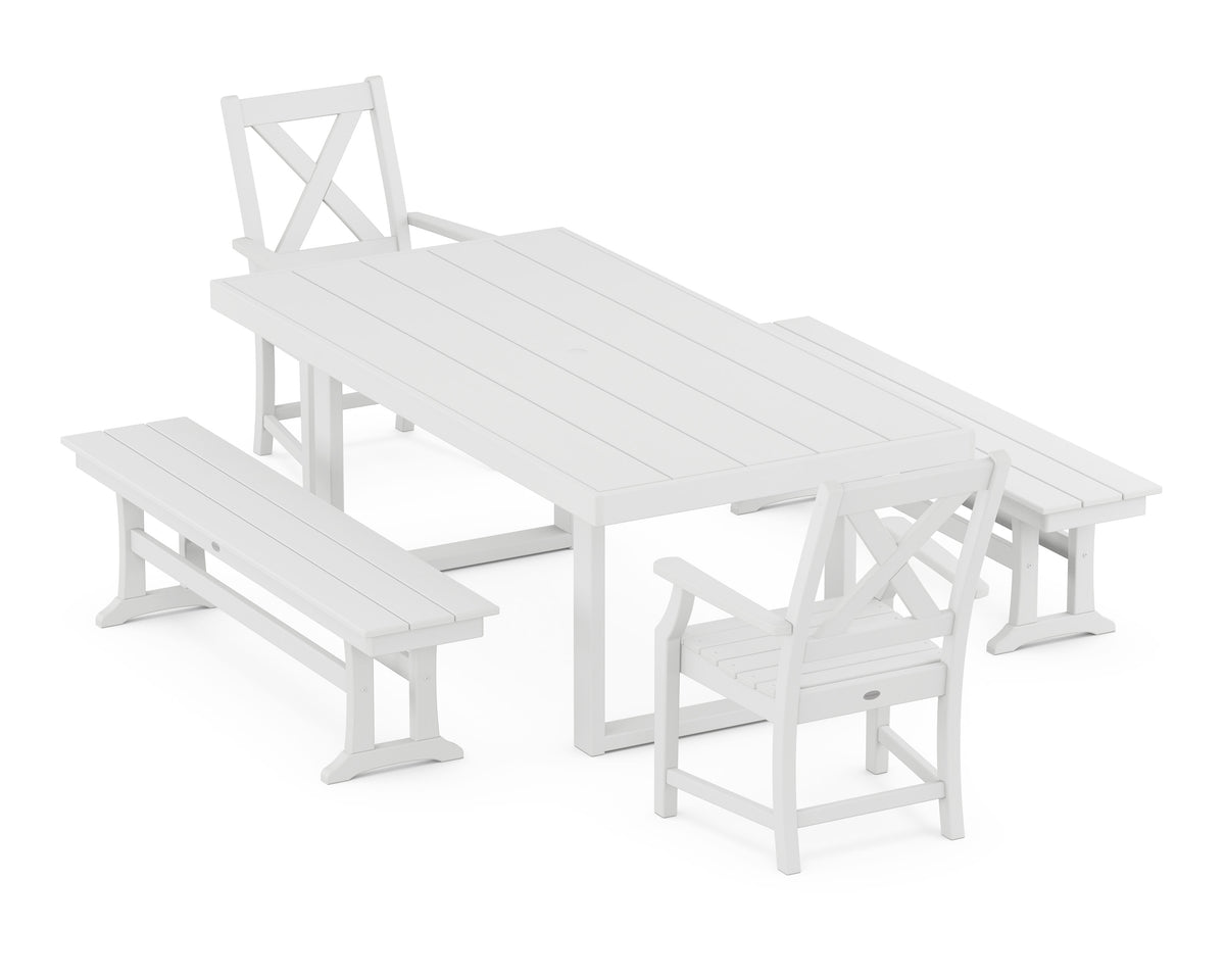 POLYWOOD Braxton 5-Piece Dining Set with Benches - 39" x 78" Table in White