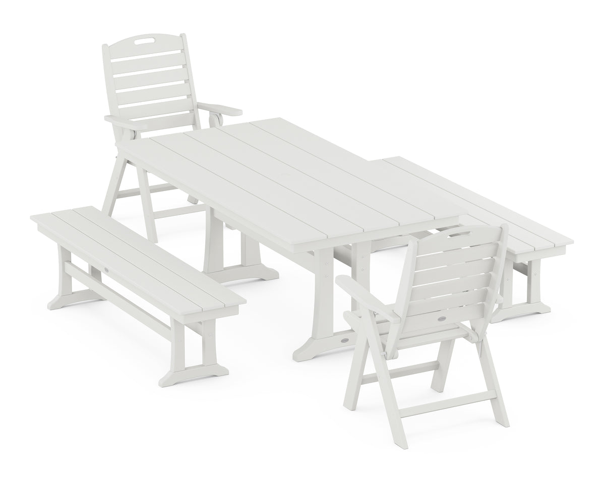 POLYWOOD Nautical Folding Highback Chair 5-Piece Farmhouse Dining Set with Trestle Legs and Benches in Vintage White