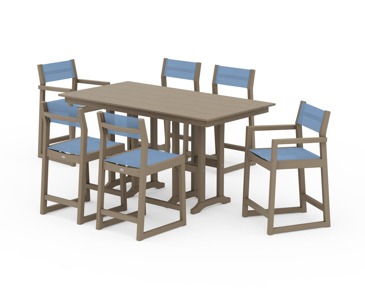 POLYWOOD EDGE Sling 7-Piece Farmhouse Counter Set with Trestle Legs in Vintage Sahara / Poolside