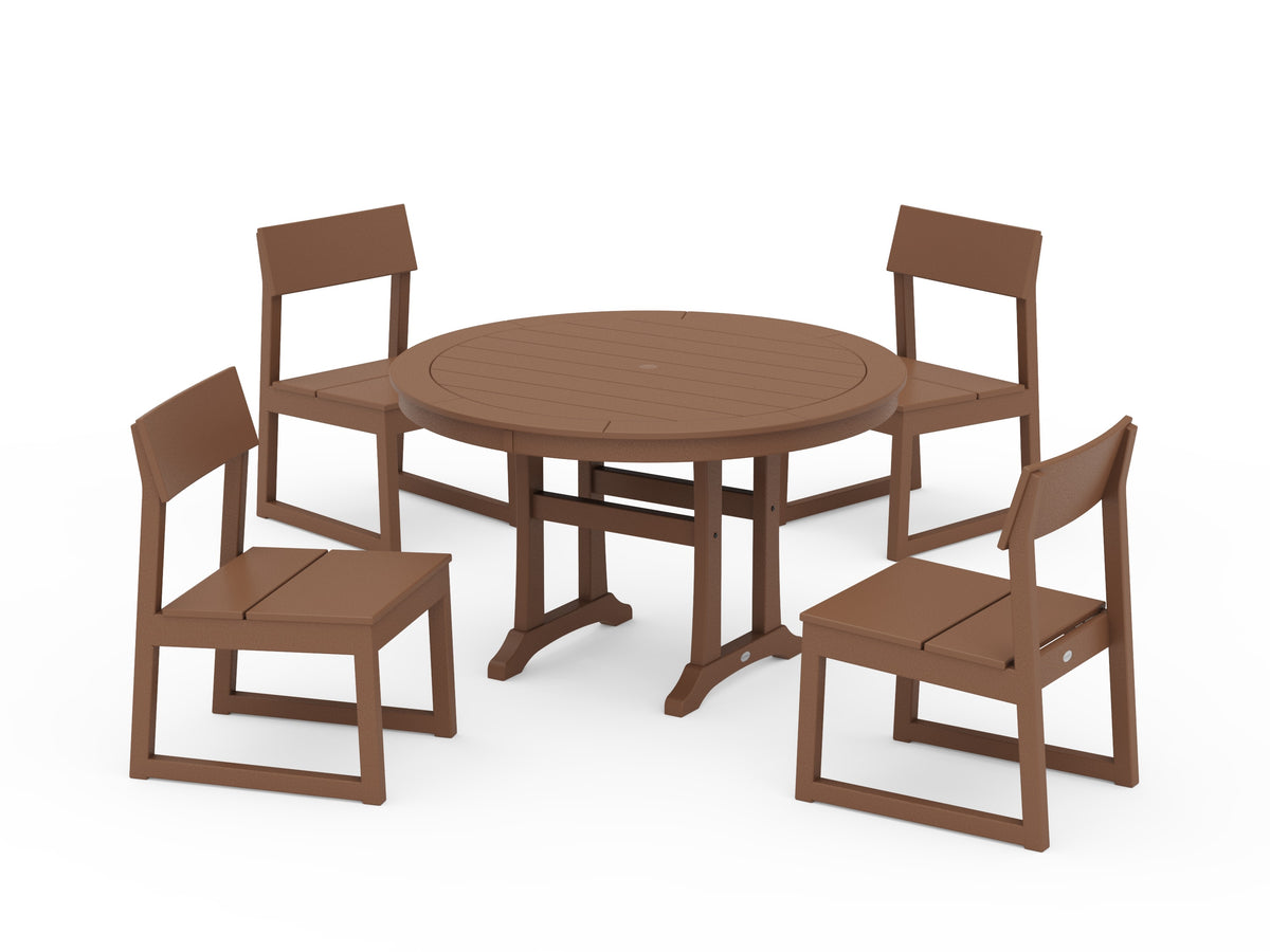 POLYWOOD EDGE Side Chair 5-Piece Round Dining Set with Trestle Legs in Teak