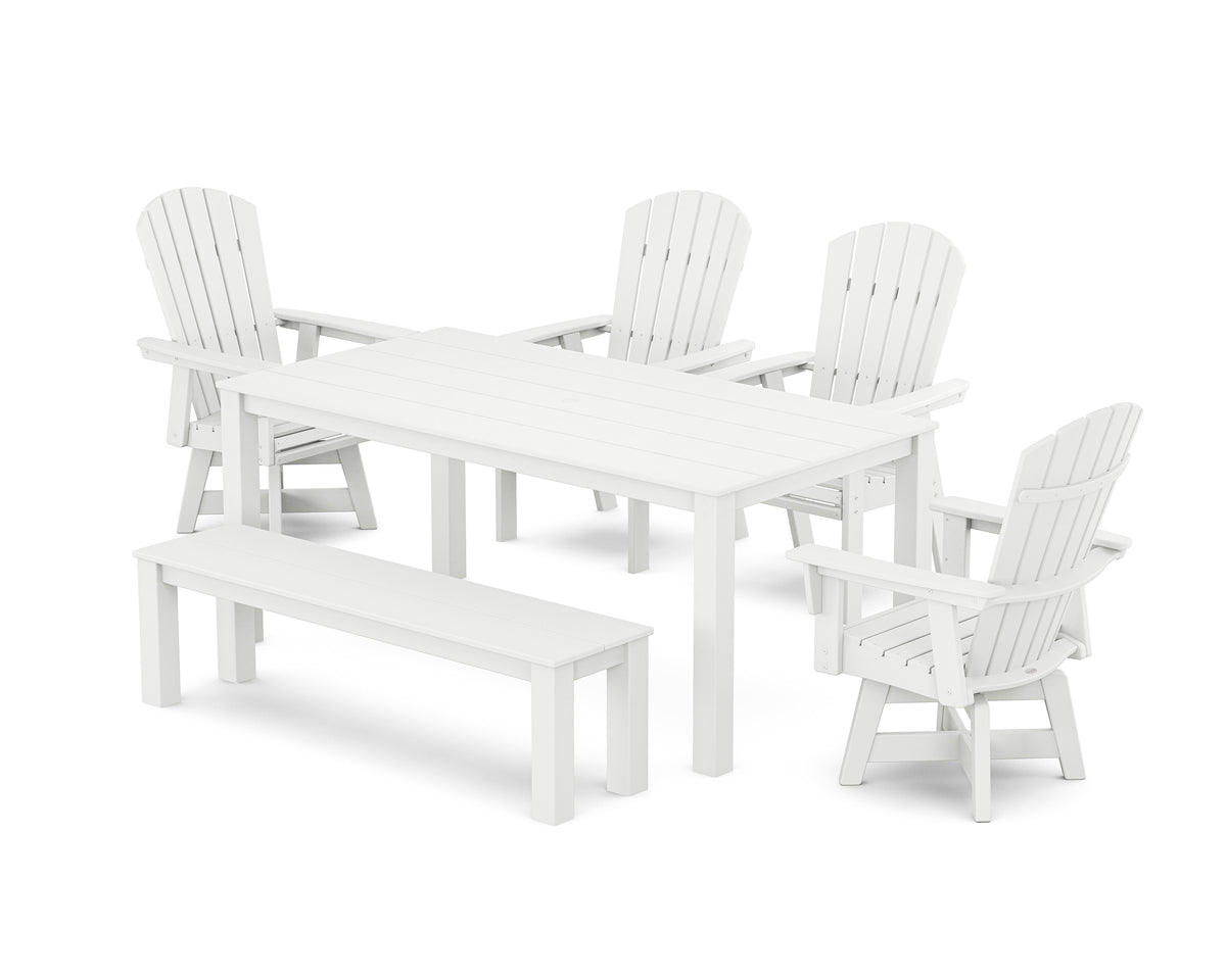 POLYWOOD Nautical Curveback Adirondack Swivel 6-Piece Parsons Dining Set with Bench in White