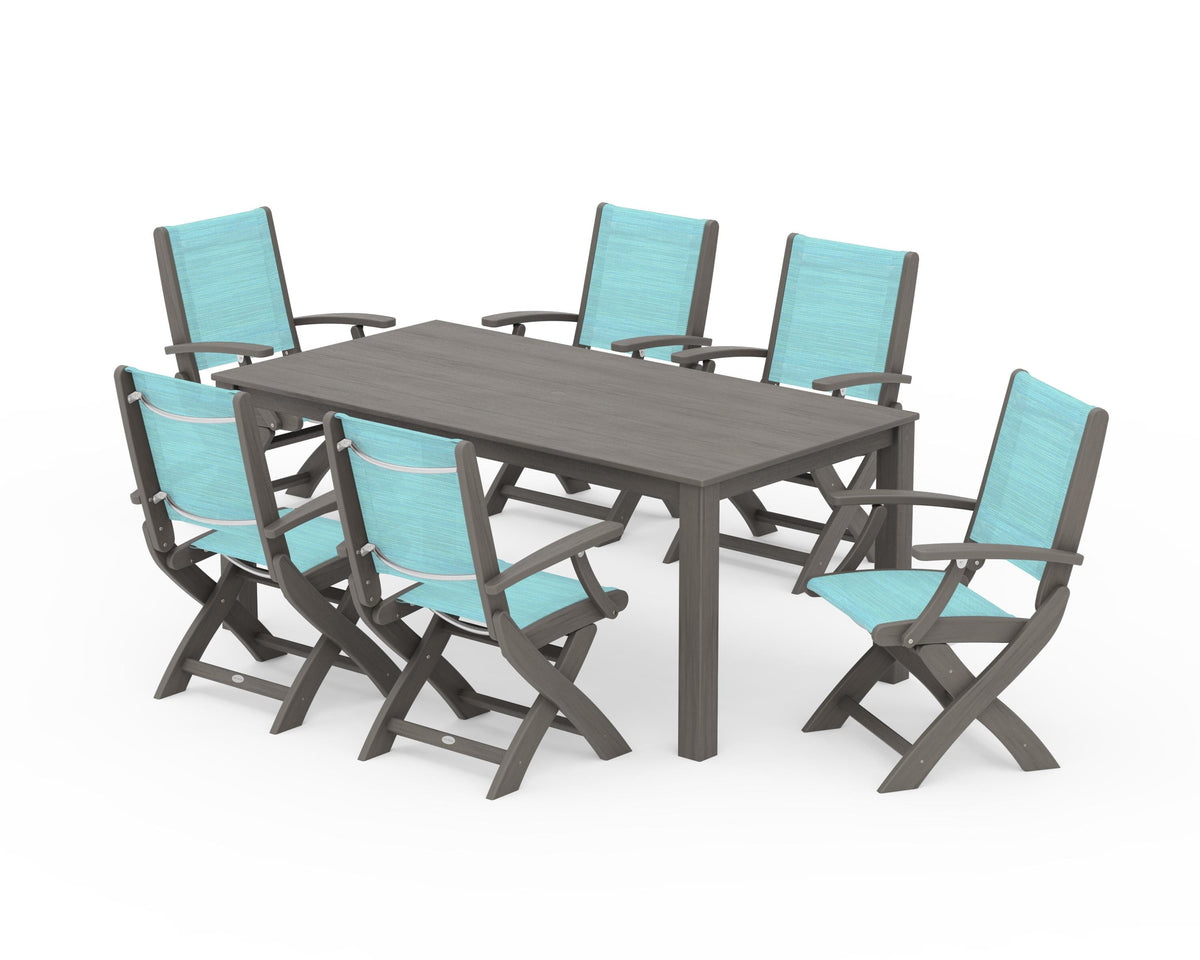 POLYWOOD Coastal Folding Chair 7-Piece Parsons Dining Set in Driftwood / Dupioni Aquamarine