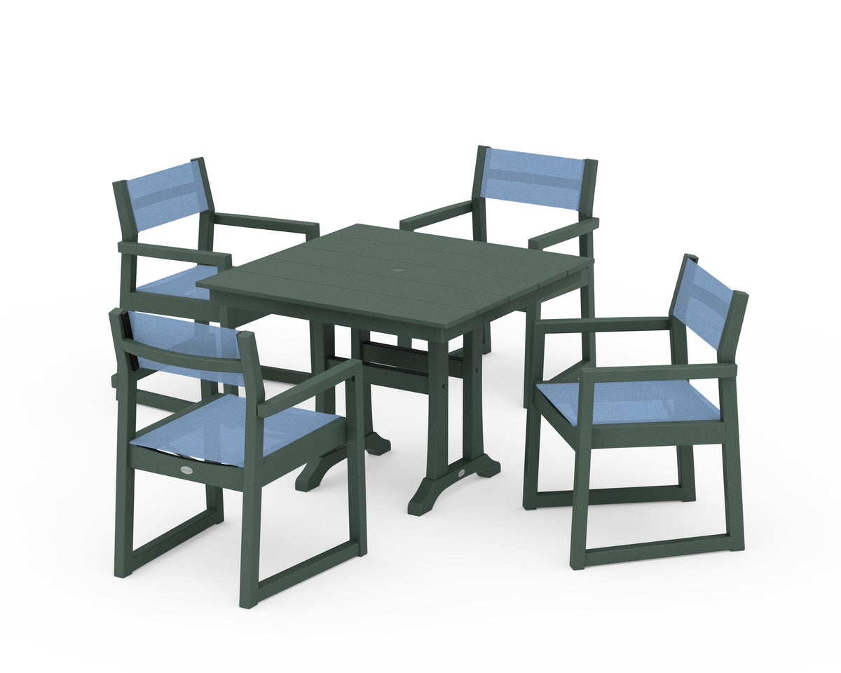 POLYWOOD EDGE Sling 5-Piece Farmhouse Dining Set with Trestle Legs in Green / Poolside