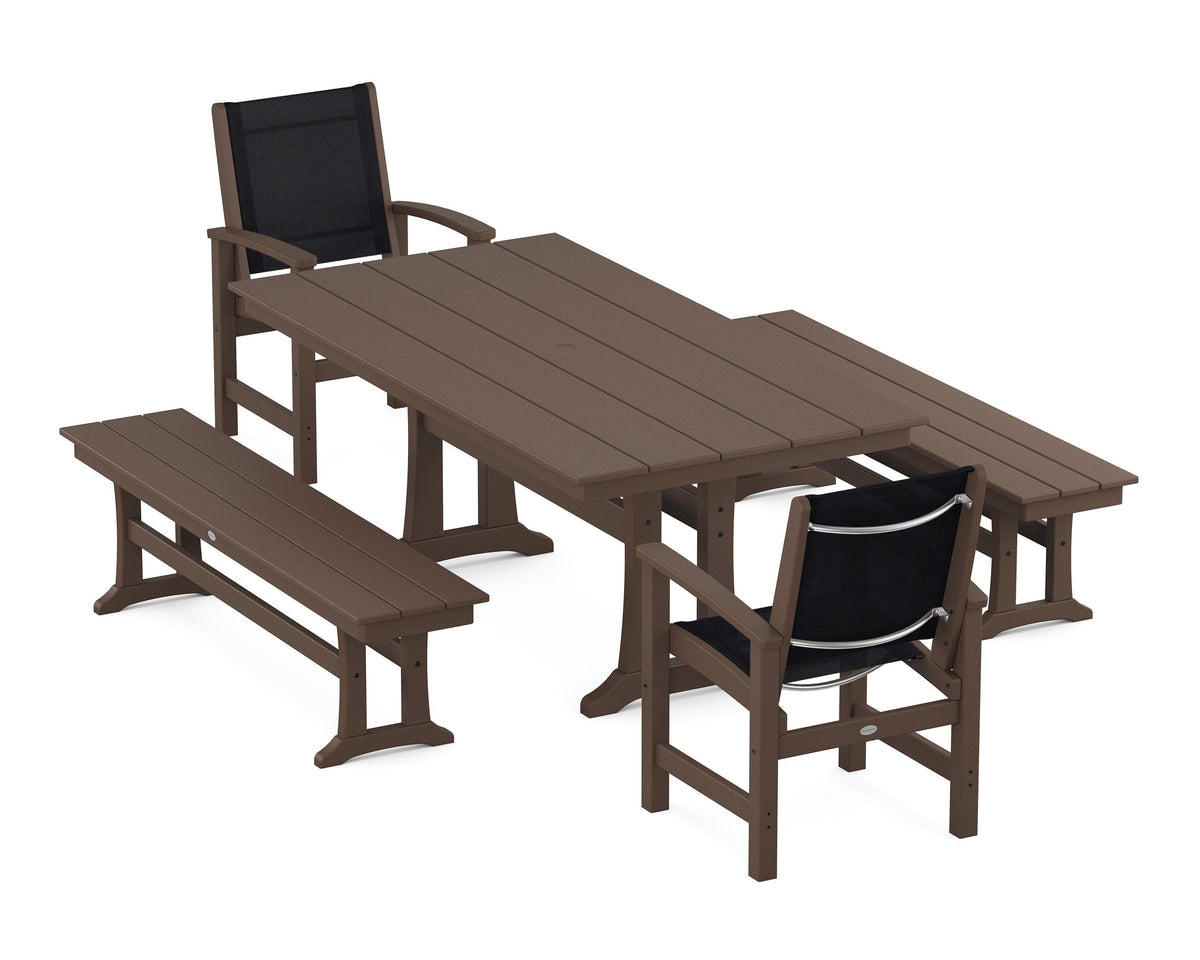 POLYWOOD Coastal 5-Piece Farmhouse Dining Set with Trestle Legs and Benches in Mahogany / Black