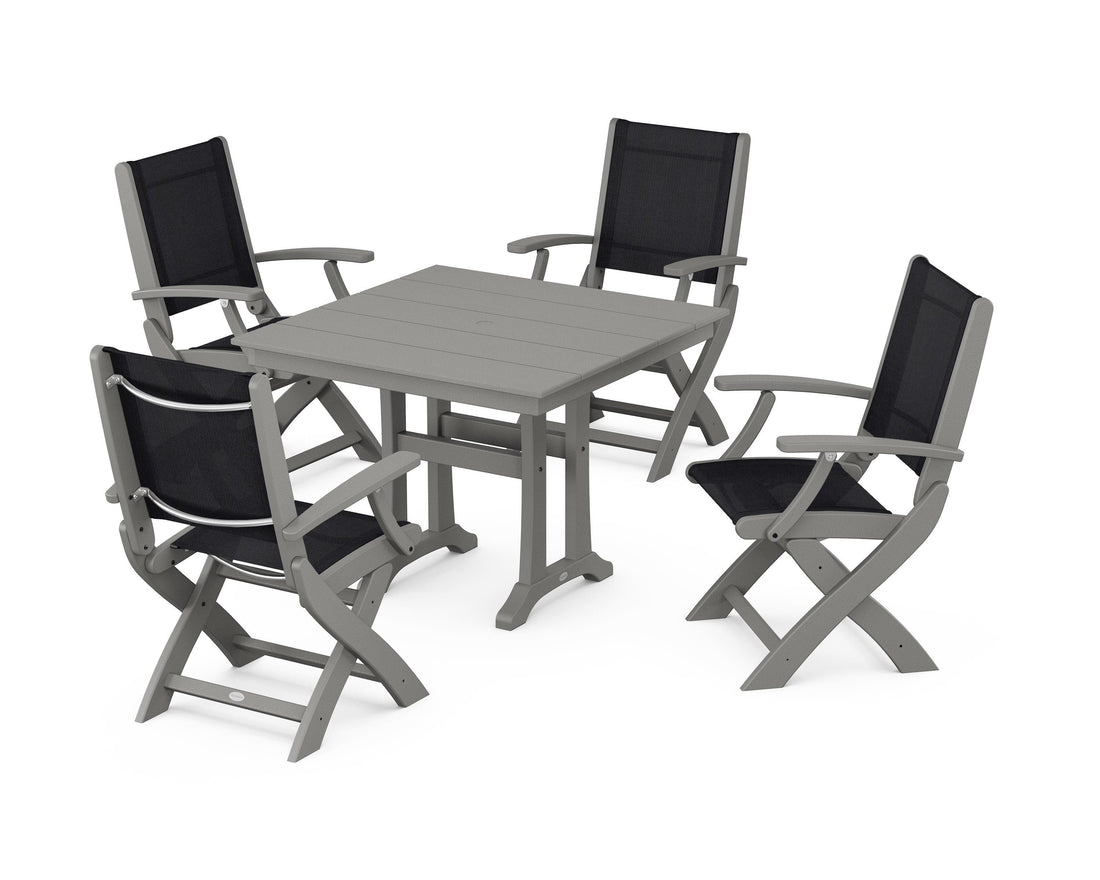 POLYWOOD Coastal Folding Chair 5-Piece Farmhouse Dining Set With Trestle Legs in Slate Grey / Black