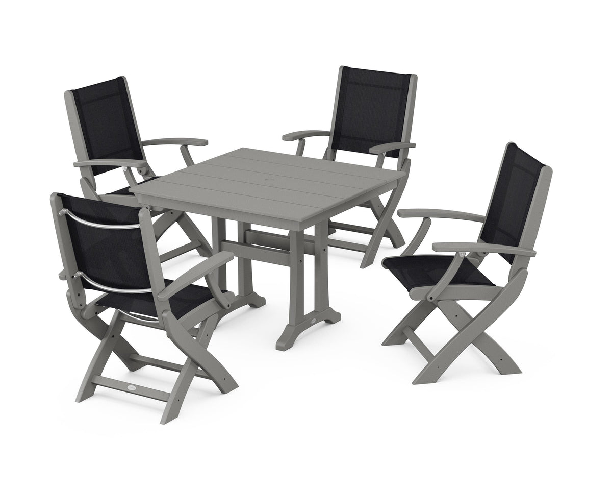 POLYWOOD Coastal Folding Chair 5-Piece Farmhouse Dining Set With Trestle Legs in Slate Grey / Black