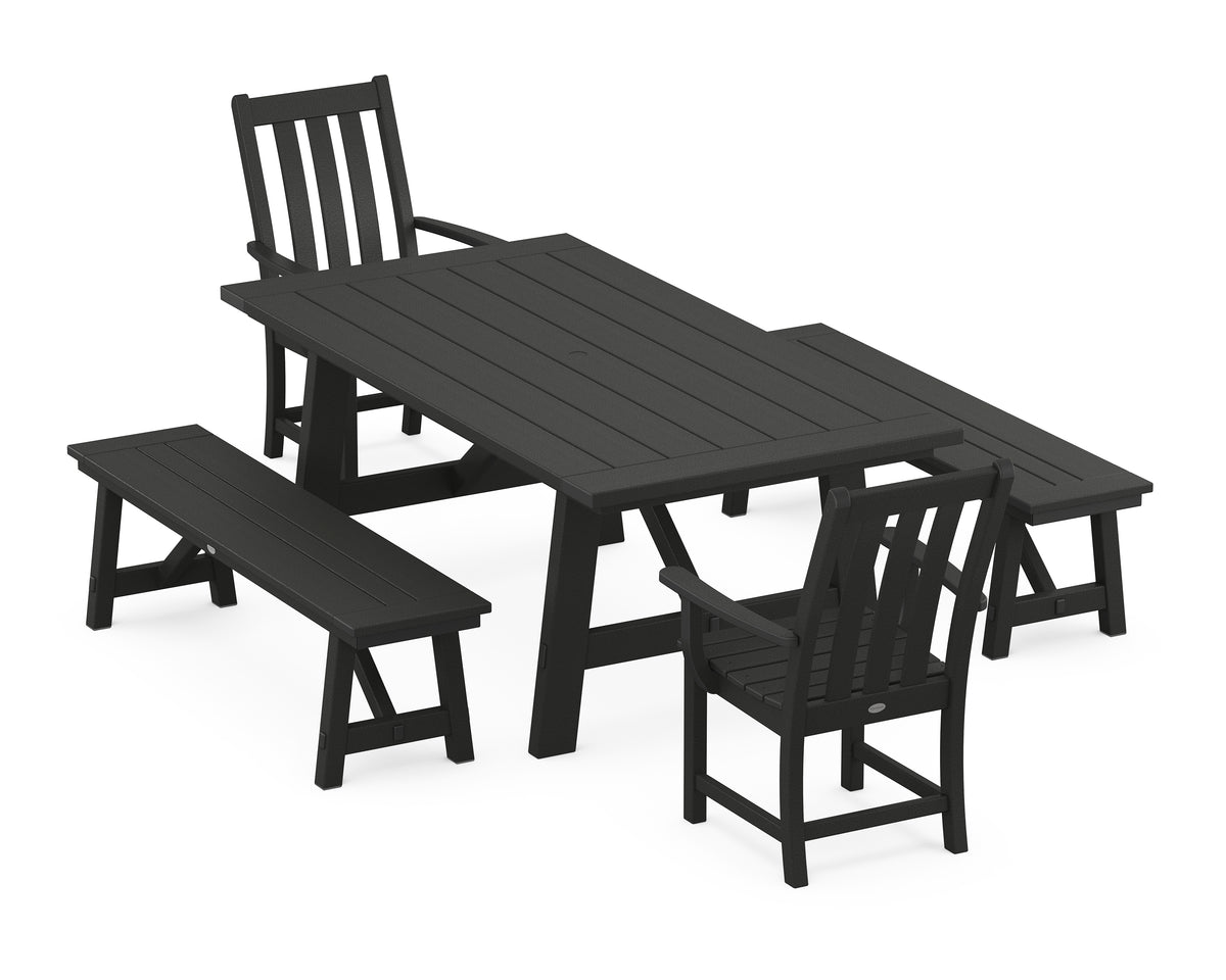 POLYWOOD Vineyard 5-Piece Rustic Farmhouse Dining Set with Benches in Black