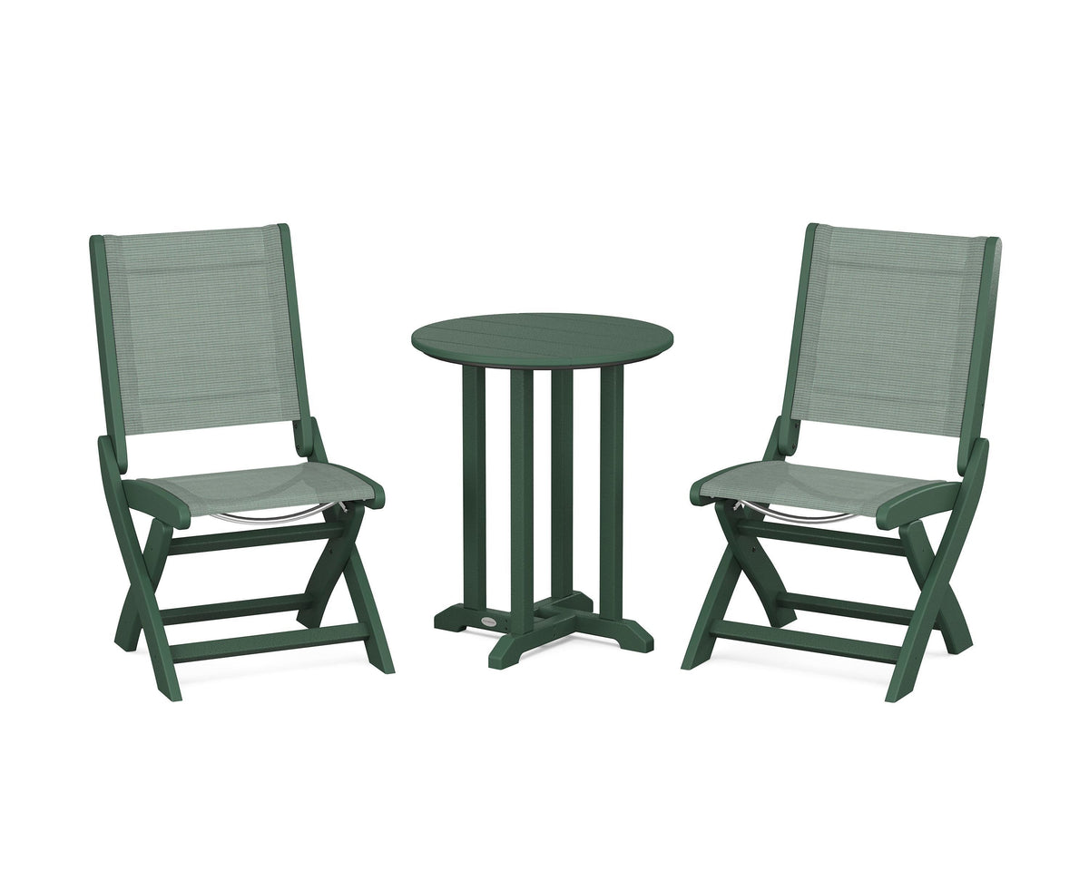 POLYWOOD Coastal Folding Side Chair 3-Piece Round Bistro Dining Set in Green / Dupioni Sea Mist