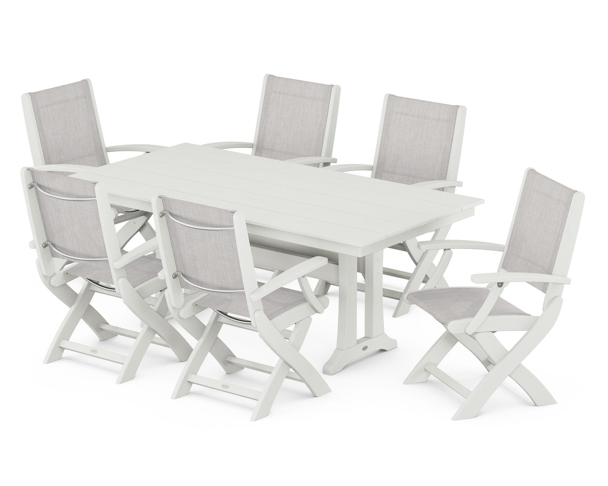 POLYWOOD Coastal Folding Arm Chair 7-Piece Farmhouse Dining Set with Trestle Legs in Vintage White / Parchment