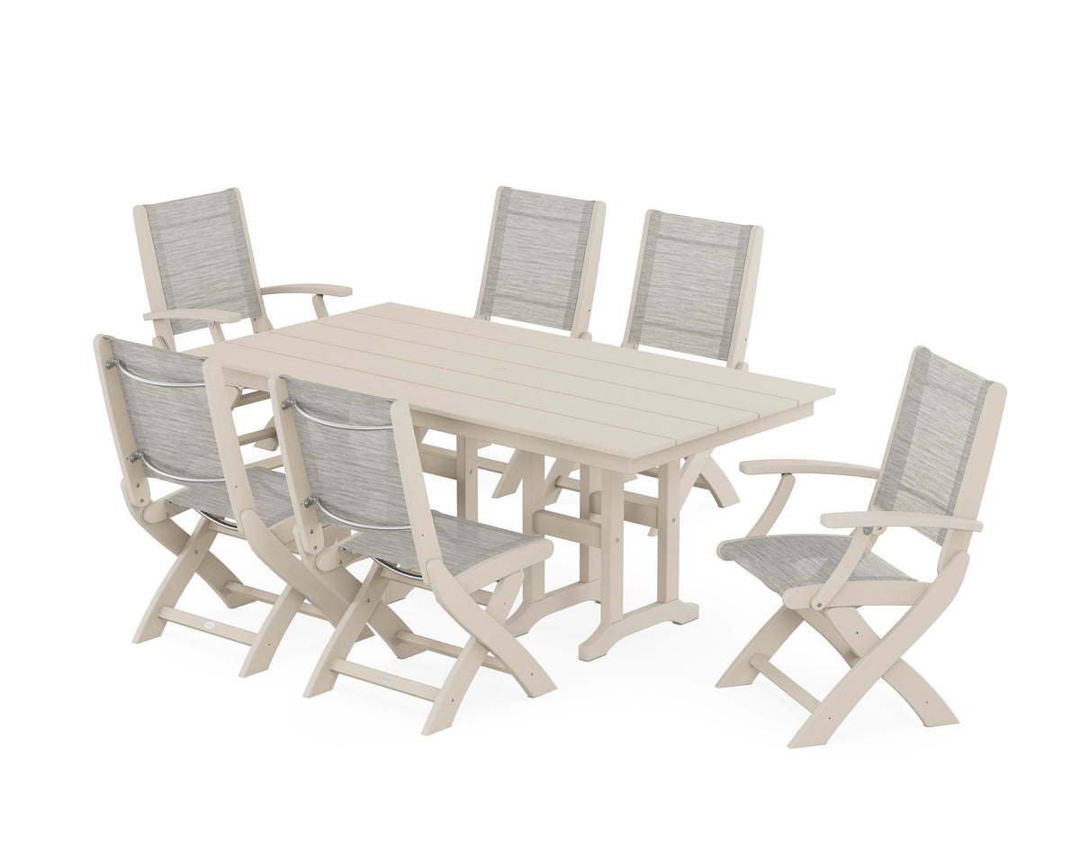POLYWOOD Coastal Folding Chair 7-Piece Farmhouse Dining Set in Sand / Birch