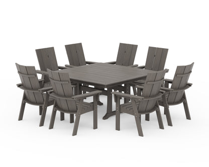 POLYWOOD Modern Curveback Adirondack 9-Piece Square Dining Set with Trestle Legs in Driftwood