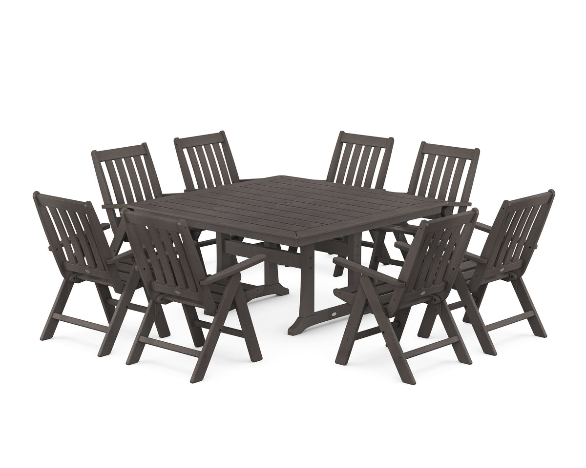 POLYWOOD Vineyard Folding Chair 9-Piece Square Dining Set with Trestle Legs in Vintage Coffee