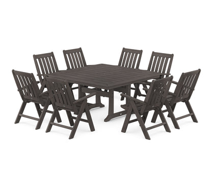 POLYWOOD Vineyard Folding Chair 9-Piece Square Dining Set with Trestle Legs in Vintage Coffee