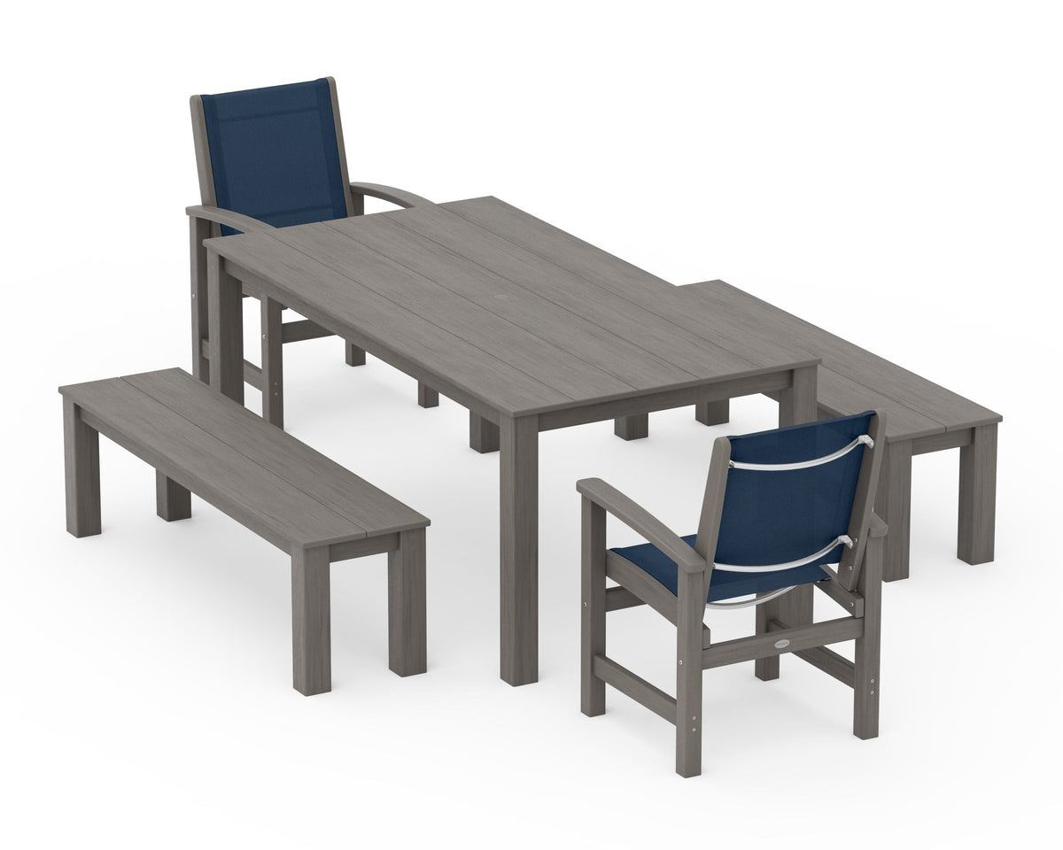 POLYWOOD Coastal 5-Piece Parsons Dining Set with Benches in Driftwood / Navy Blue
