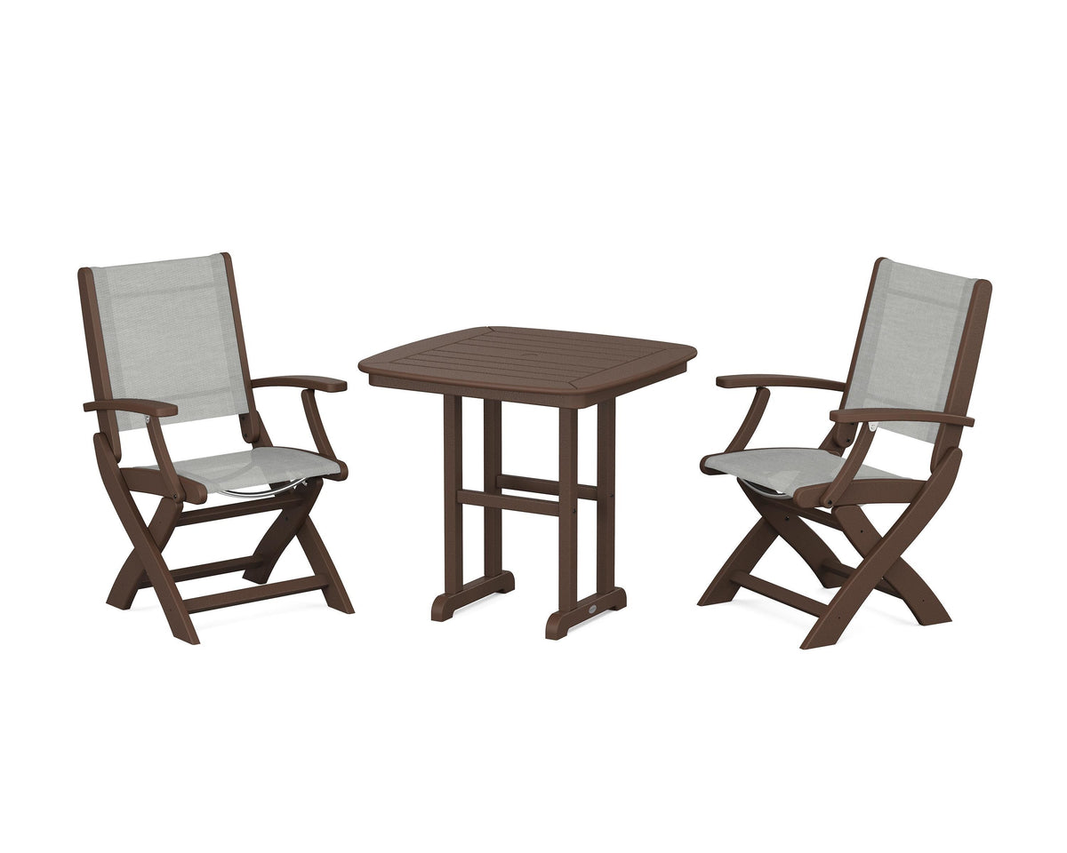 POLYWOOD Coastal Folding Chair 3-Piece Dining Set in Mahogany / Metallic