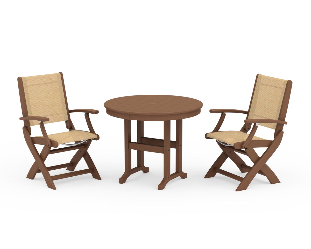 POLYWOOD Coastal Folding Chair 3-Piece Round Dining Set in Teak / Dupioni Apricot