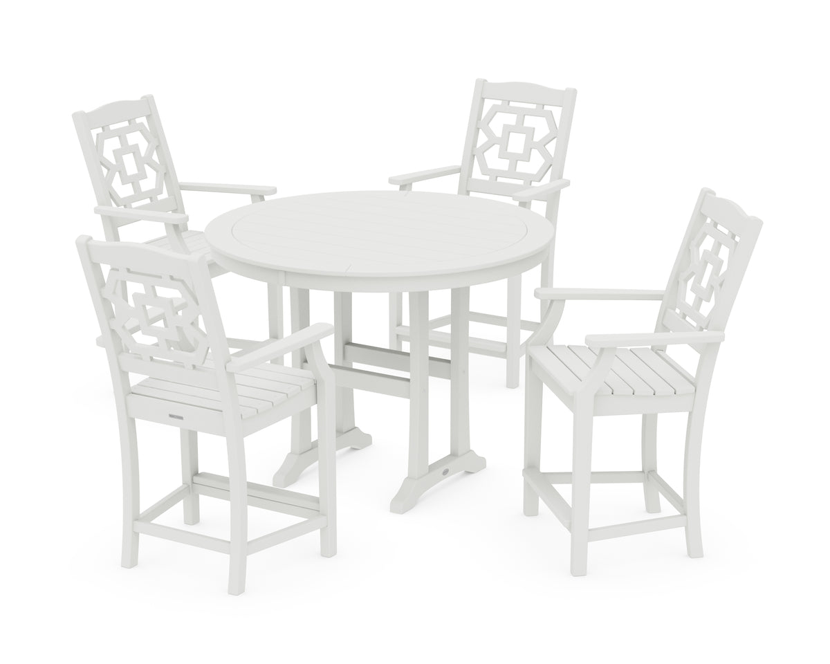 POLYWOOD Chinoiserie 5-Piece Round Counter Set in Vintage White