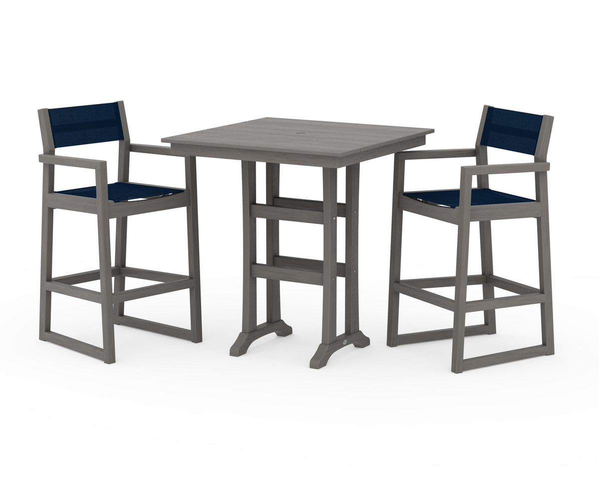 POLYWOOD EDGE Sling Arm Chair 3-Piece Farmhouse Bar Set with Trestle Legs in Driftwood / Navy Blue