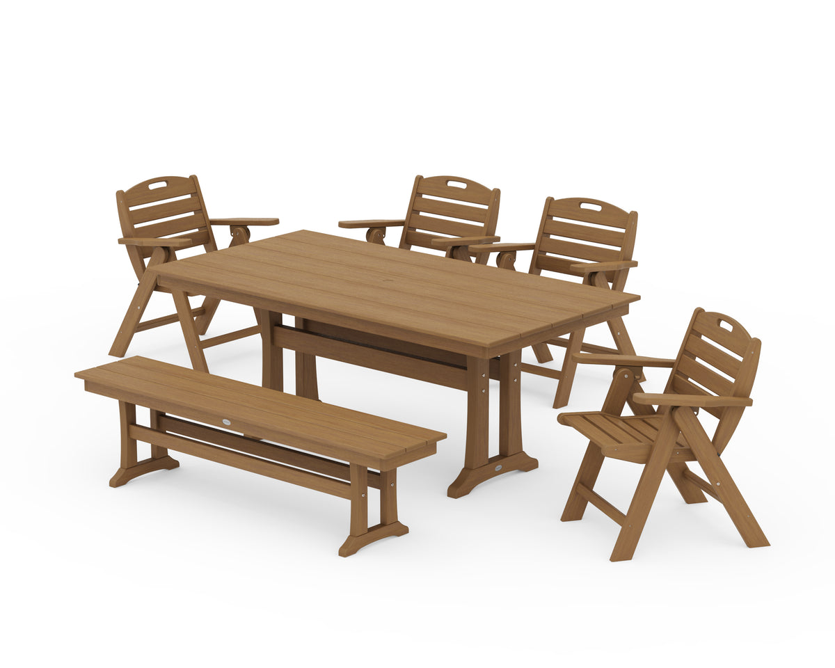 POLYWOOD Nautical Lowback 6-Piece Farmhouse Dining Set with Trestle Legs and Bench in Natural